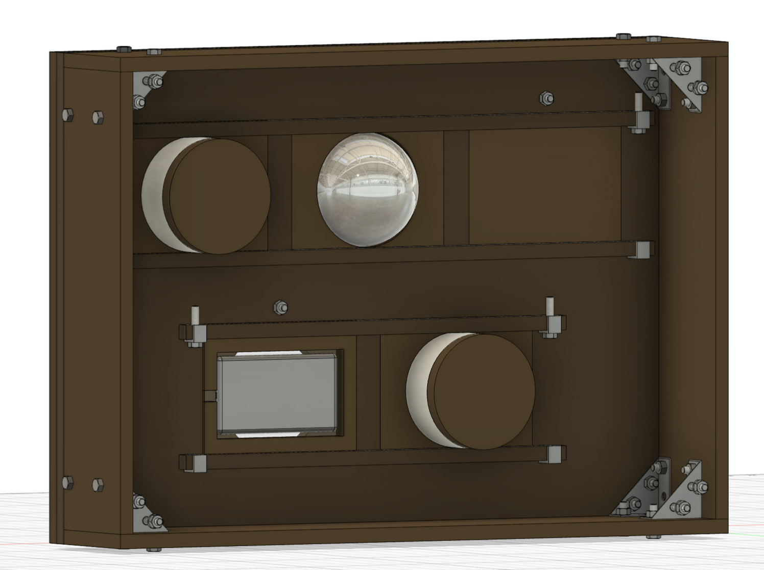 A detailed 3D model of the final prototype, built using Fusion 360. The interior view shows each module and module locking system, inaccessible to Colobus. The 3D model allows for easy examination and design iteration of the prototype and improved both planning and communication with zoo staff.