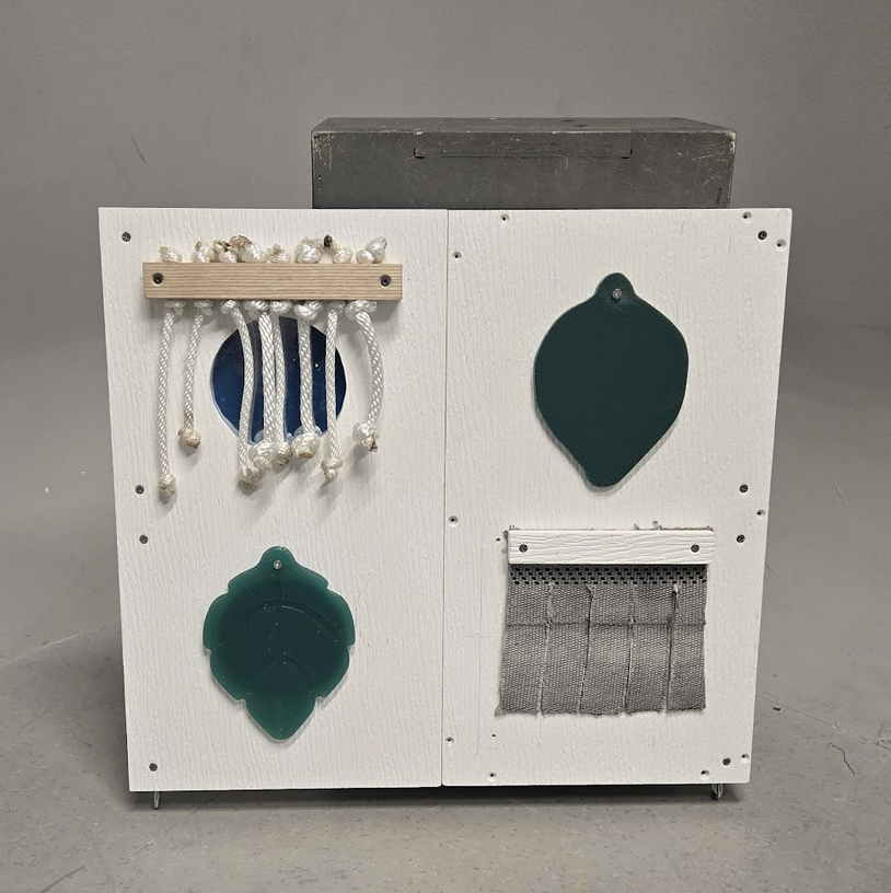 Pilot prototype. In the pilot testing (taking place late April), we will be testing the preferences of the monkeys between flap covers. Covers pictured: synthetic rope, silicone leaf, hard plastic leaf, firehose drapes.