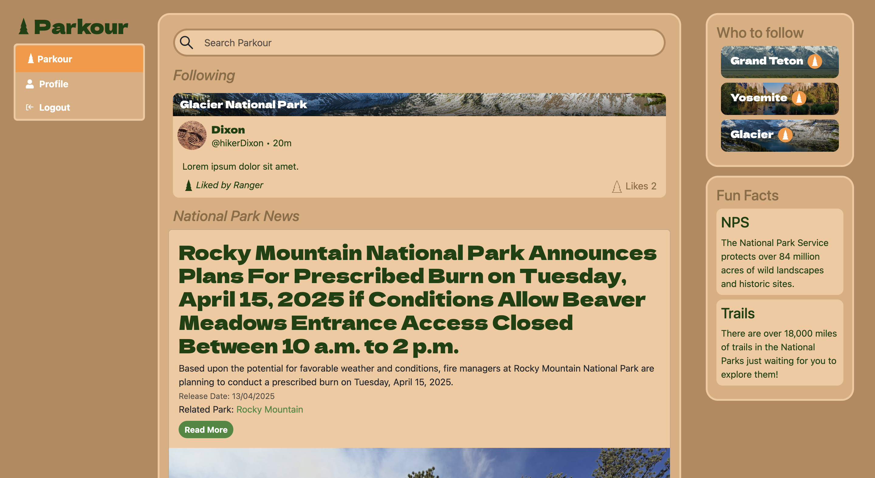 The homepage of the Parkour application shows current National Parks news served by their API as well as content from followed accounts, if logged in.